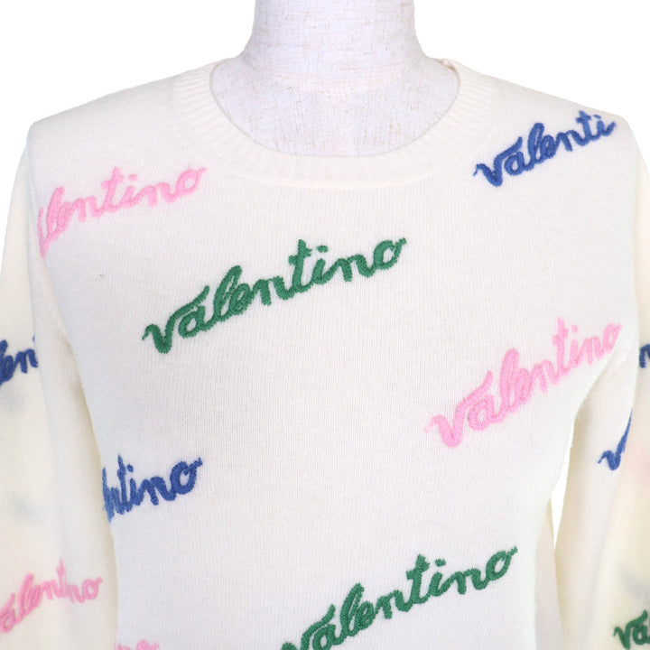 極美品△VALENTINO ヴァレンティノ RB3KC00STXM ウール カシミヤ ロゴ刺繍 総柄 クルーネック 長袖 ニット セーター アイボリー S 正規品