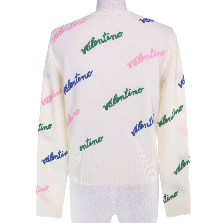 極美品△VALENTINO ヴァレンティノ RB3KC00STXM ウール カシミヤ ロゴ刺繍 総柄 クルーネック 長袖 ニット セーター アイボリー S 正規品