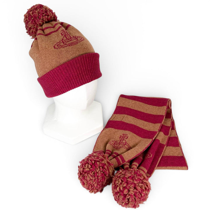 美品▲Vivienne Westwood ヴィヴィアンウエストウッド ウール100％ オーブ柄 ボンボン マフラー ニット帽 2点セット 日本製 レディース