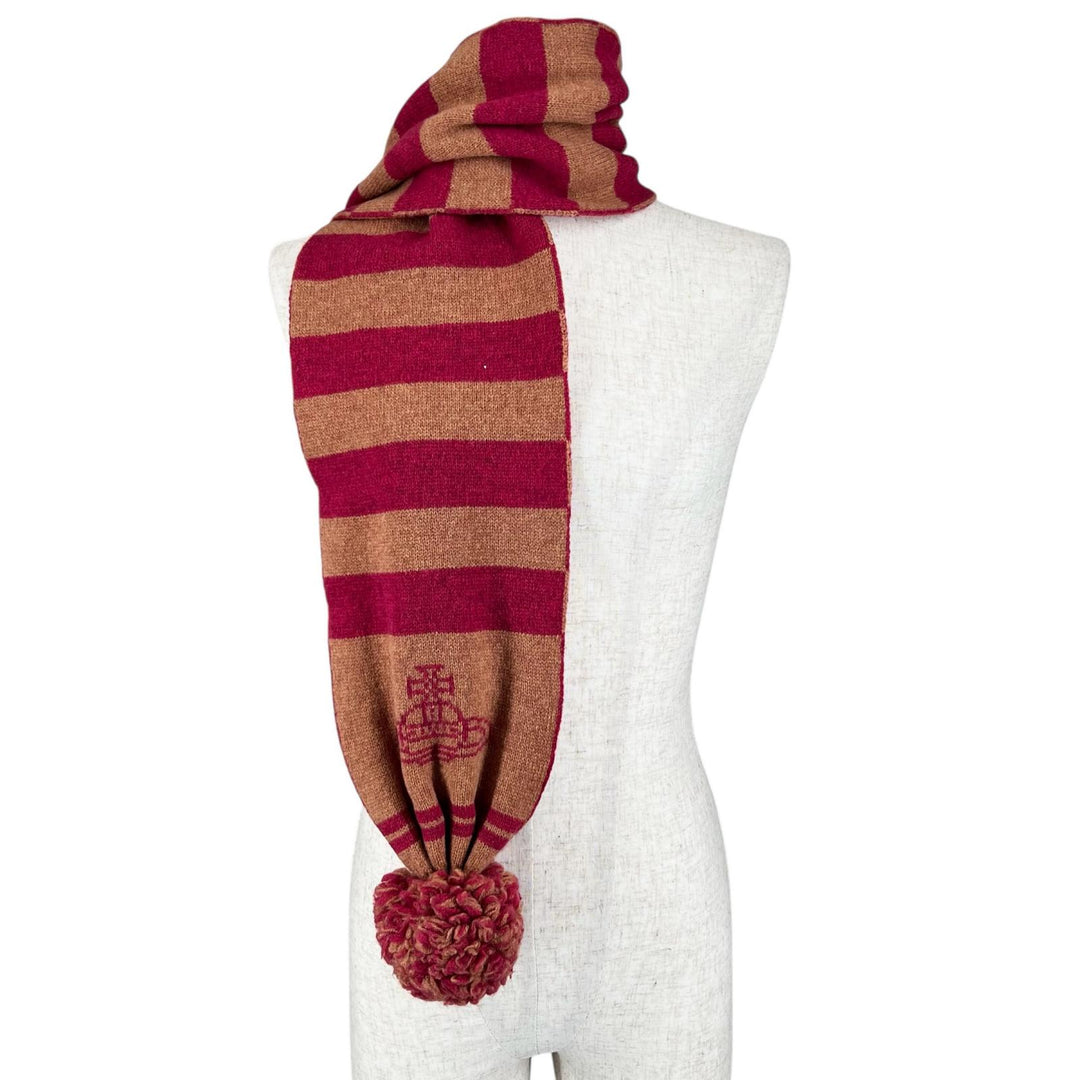 美品▲Vivienne Westwood ヴィヴィアンウエストウッド ウール100％ オーブ柄 ボンボン マフラー ニット帽 2点セット 日本製 レディース