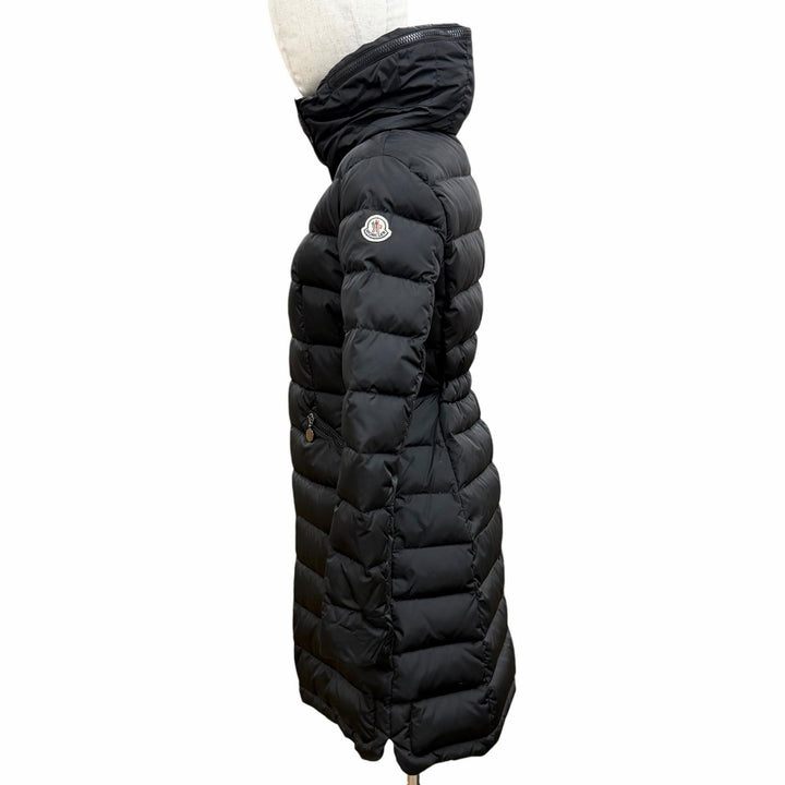 良品◇MONCLER モンクレール FLAMMETTE フラメッテ ロゴワッペン・フード付き ダブルジップ ダウンコート ブラック 0 レディース