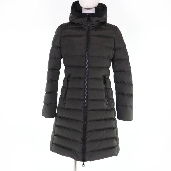 美品☆MONCLER モンクレール TALEVE ロゴワッペン・フード付 レザー使い ZIP UP ダウンコート カーキ 2 正規品 レディース