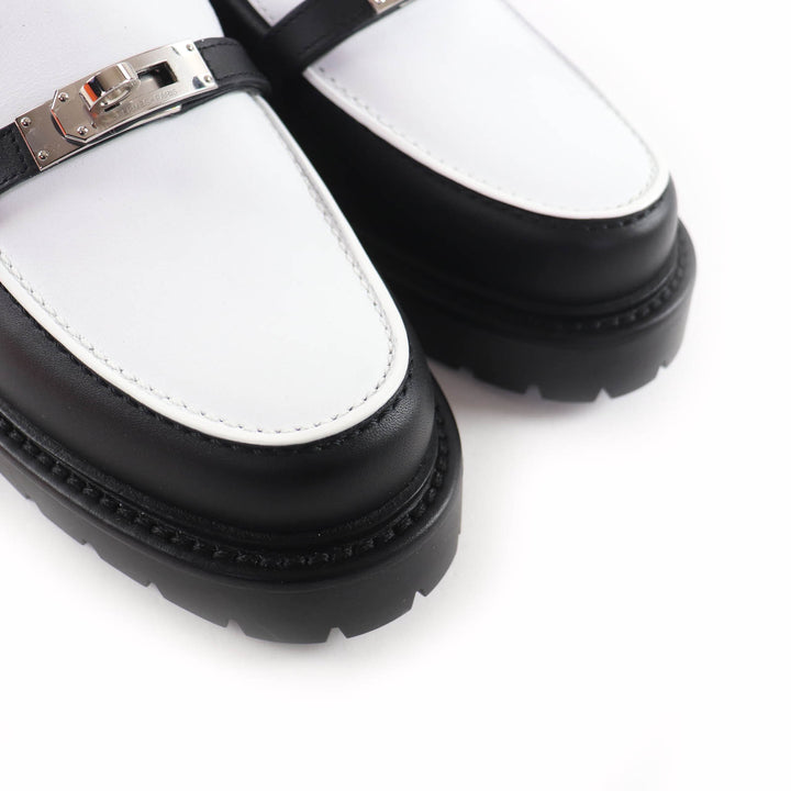 未使用品★HERMES エルメス 25AW モカシン アイコン ケリーバックル レザー ローファー ブラック ホワイト 37.5 箱・保存袋付 イタリア製