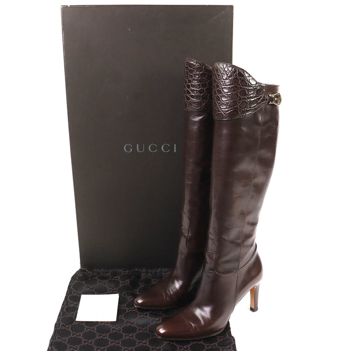 美品△GUCCI グッチ 151606 クロコダイル使い レザー ジョッキーブーツ ロングブーツ ダークブラウン 6.5 袋付き イタリア製 レディース