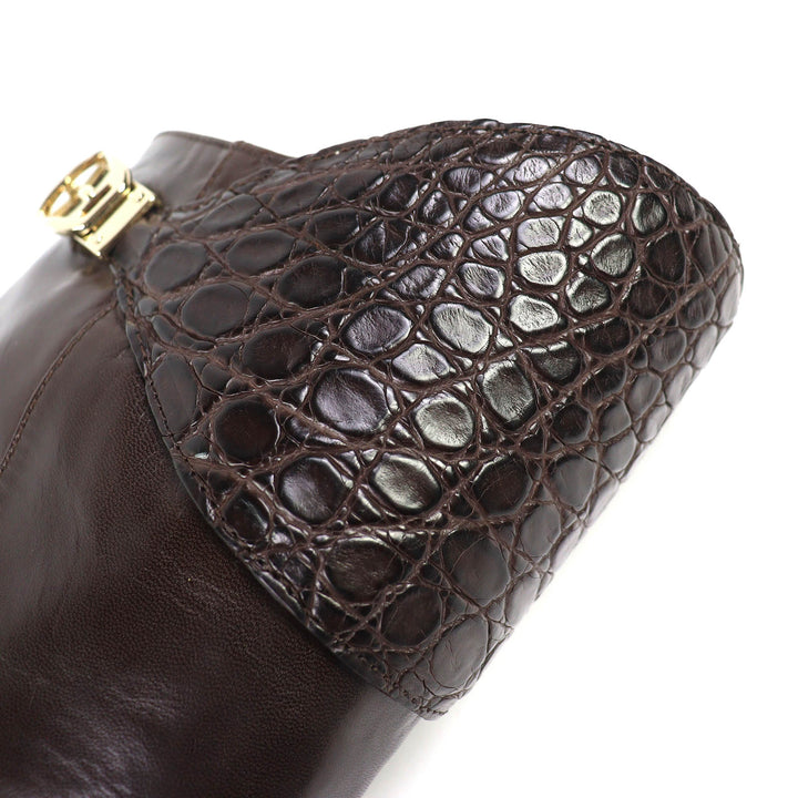 美品△GUCCI グッチ 151606 クロコダイル使い レザー ジョッキーブーツ ロングブーツ ダークブラウン 6.5 袋付き イタリア製 レディース