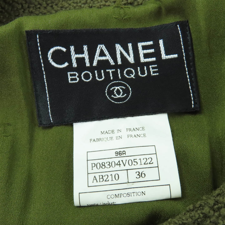 極美品☆CHANEL シャネル ヴィンテージ 96A P08304V05122 ウール グリポアボタン ツイード ジャケット カーキ 36 フランス製 レディース