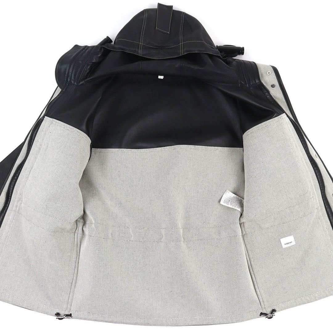 極美品△BURBERRY バーバリー 4567182 ホースフェリー レザー×コットンキャンバス WZIP フーデッド ジャケット コート 黒 46 正規品