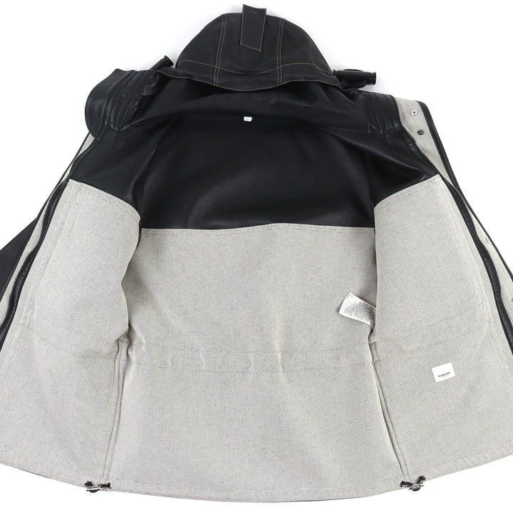 極美品△BURBERRY バーバリー 4567182 ホースフェリー レザー×コットンキャンバス WZIP フーデッド ジャケット コート 黒 46 正規品