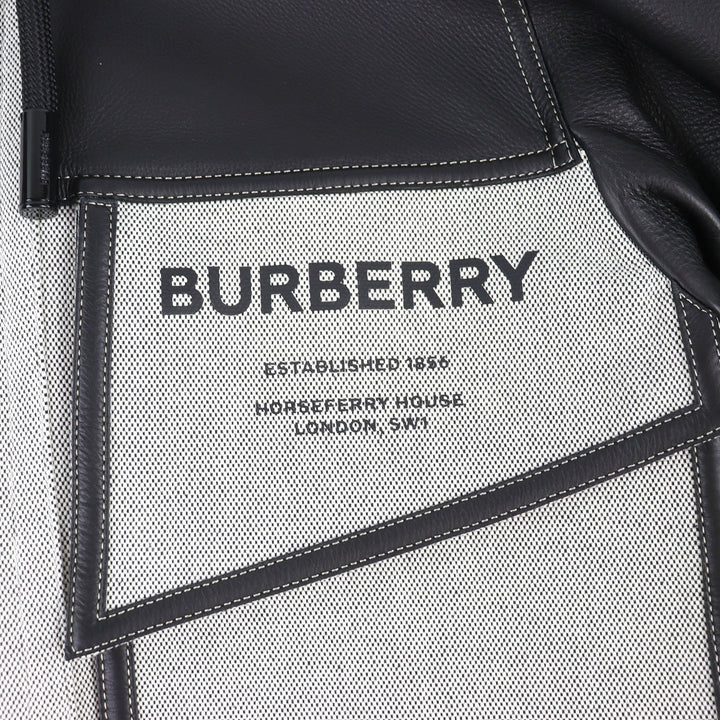 極美品△BURBERRY バーバリー 4567182 ホースフェリー レザー×コットンキャンバス WZIP フーデッド ジャケット コート 黒 46 正規品