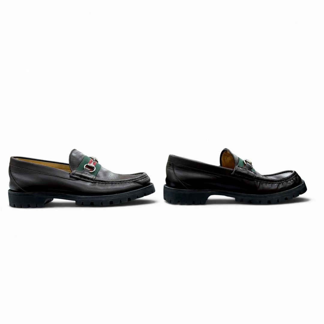 美品▲GUCCI グッチ 496246 ウェブライン ホースビットローファー レザーシューズ ブラウン シルバー金具 9 イタリア製 メンズ