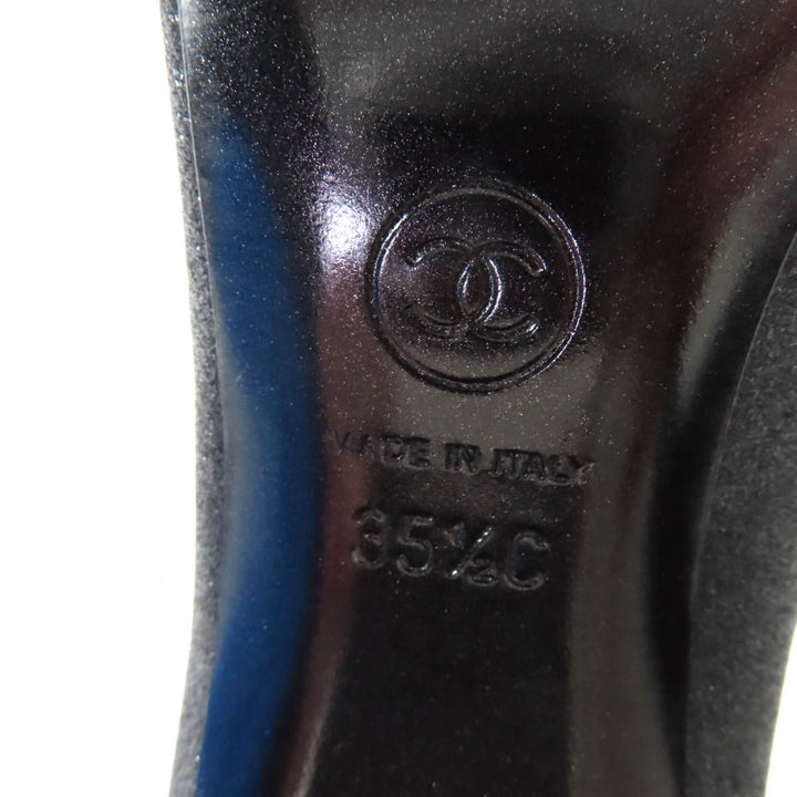 極美品★CHANEL シャネル G33832 ココマーク ロゴ金具付 ラメ入り チャンキーヒール パンプス ブラック 35.5 イタリア製 レディース