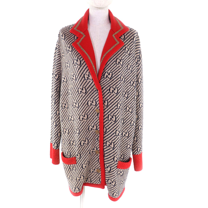 極美品★GUCCI グッチ 553505 ウール混 ロゴボタン付 GG総柄 ニット ブルゾン ジャケット マルチ S イタリア製 正規品 レディース