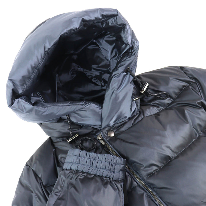 未使用品△5351プール.オム 24AW ロゴレザーパッチ フード付き ジップアップ ダウンジャケット ブルーグレー 46 正規品 メンズ