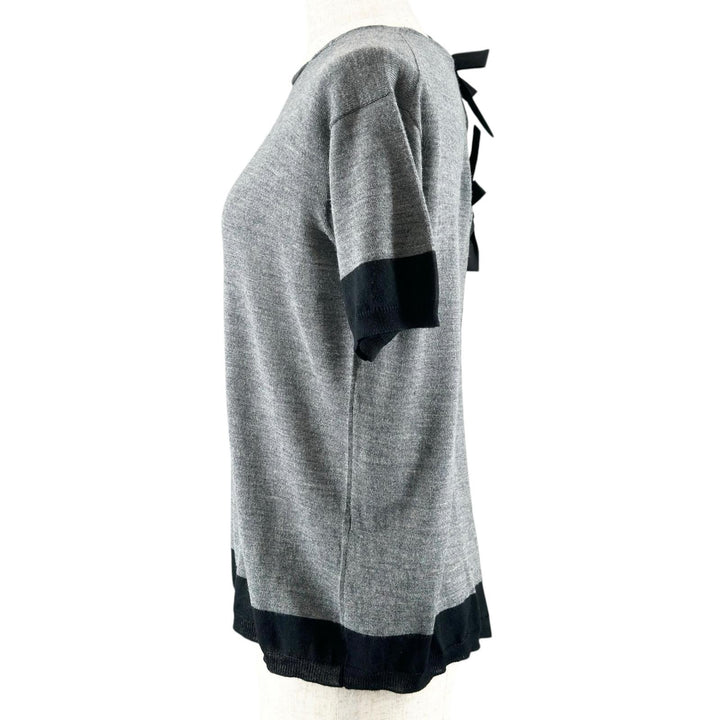 極美品▲PRADA プラダ ウール シルク混 バックリボン 半袖ニット カットソー グレー ブラック 38 イタリア製 正規品 レディース