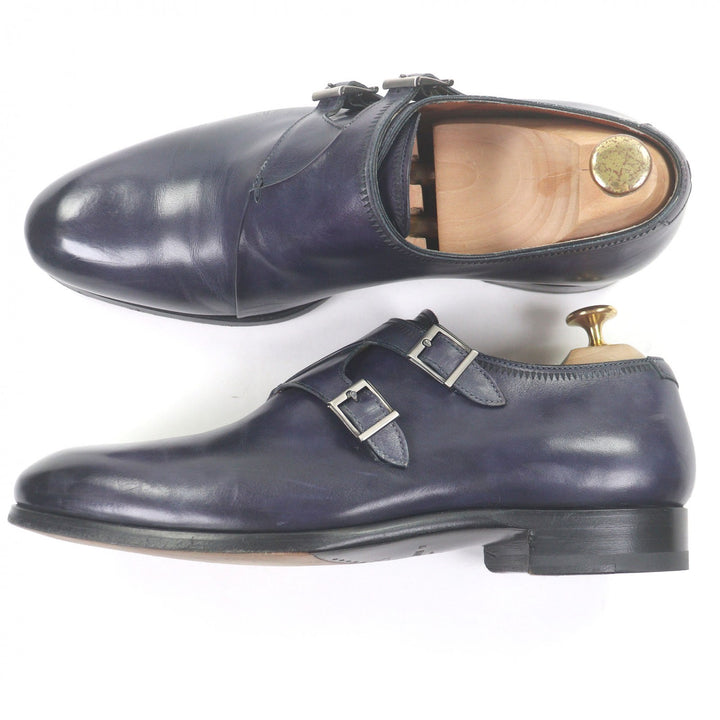 美品□MAGNANNI マグナーニ MAGNANNI SELECTION パティーヌレザー ダブルモンクストラップ ドレスシューズ ネイビー 40 保存袋付き メンズ