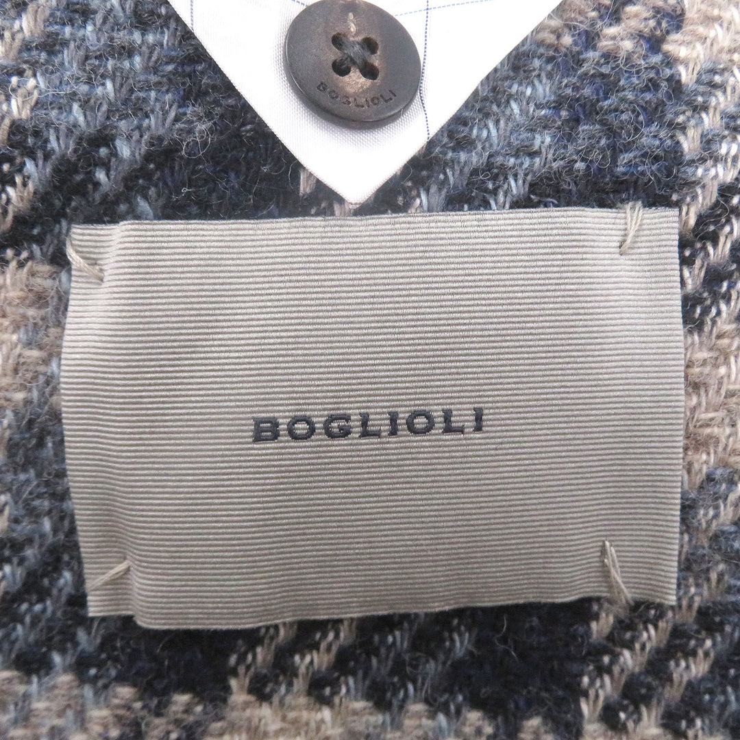 極美品□BOGLIOLI ボリオリ ウール リネン DOVER チェック柄 シングル テーラードジャケット ネイビー ベージュ 42 イタリア製 正規品
