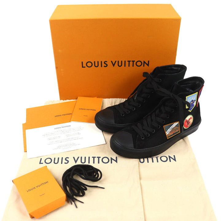 極美品△LOUIS VUITTON ルイヴィトン タトゥーライン キャンバス スウェードレザー アルプスワッペン ハイカットスニーカー ブラック 7