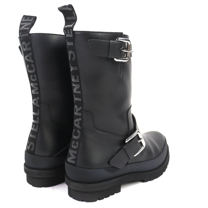 美品△Stella McCartney ステラマッカートニー 24AW トレース バックルストラップ バイカーブーツ ロゴ VEGEAレザー ブーツ ブラック 36
