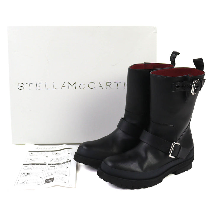 美品△Stella McCartney ステラマッカートニー 24AW トレース バックルストラップ バイカーブーツ ロゴ VEGEAレザー ブーツ ブラック 36