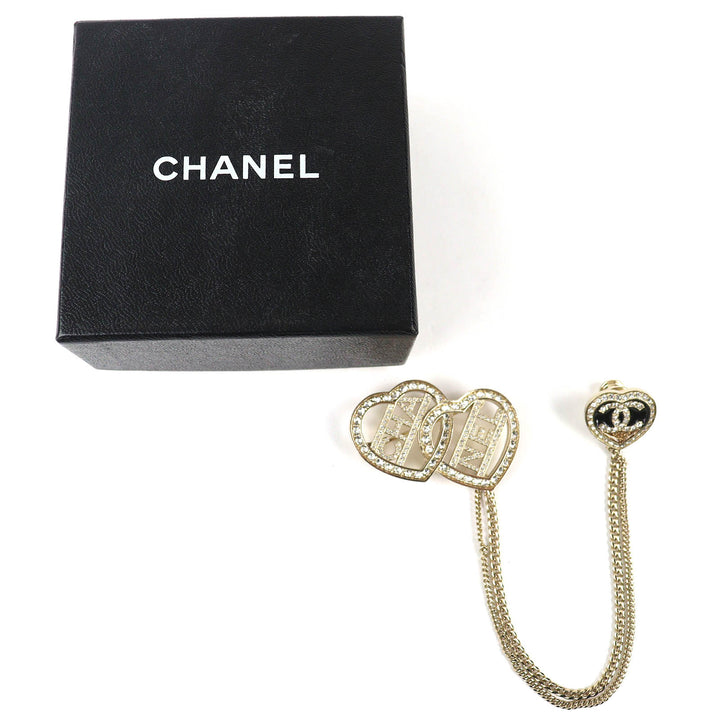 極美品△CHANEL シャネル C23B ABB655 ココマーク メタル ストラス ダブルハート チェーン ブローチ ゴールド レディース