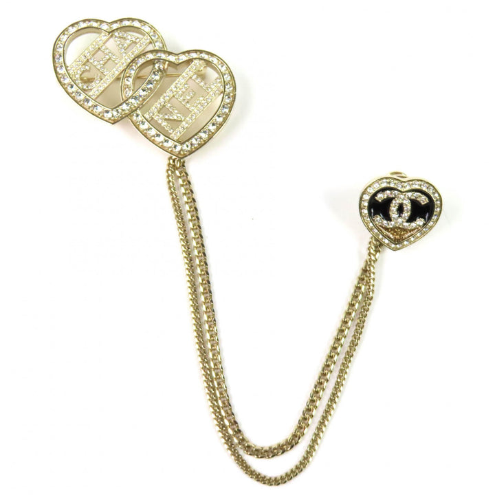 極美品△CHANEL シャネル C23B ABB655 ココマーク メタル ストラス ダブルハート チェーン ブローチ ゴールド レディース