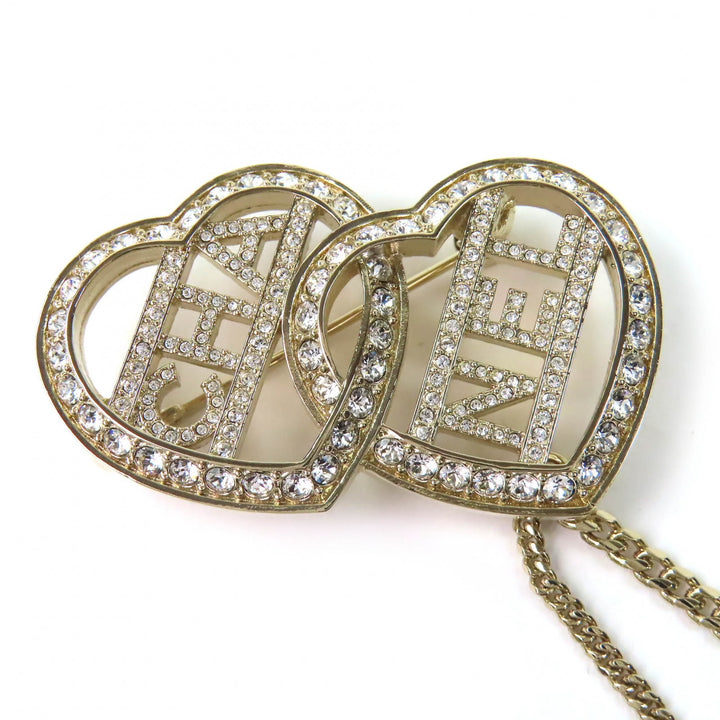 極美品△CHANEL シャネル C23B ABB655 ココマーク メタル ストラス ダブルハート チェーン ブローチ ゴールド レディース