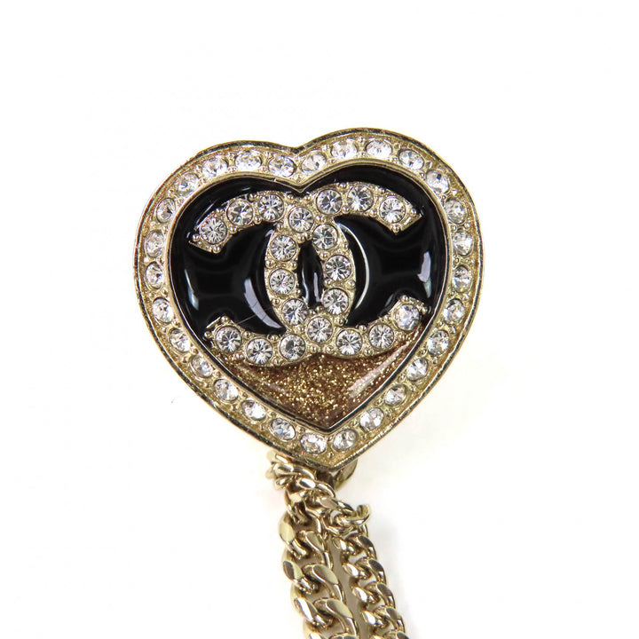 極美品△CHANEL シャネル C23B ABB655 ココマーク メタル ストラス ダブルハート チェーン ブローチ ゴールド レディース