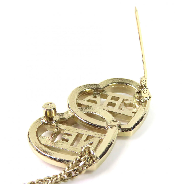 極美品△CHANEL シャネル C23B ABB655 ココマーク メタル ストラス ダブルハート チェーン ブローチ ゴールド レディース