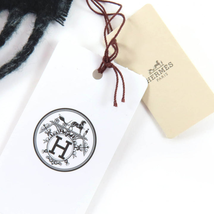 未使用品☆HERMES エルメス エニー・モール カシミヤ100％ ロゴ・フリンジ付 バイカラー マフラー グレー ブラック イギリス製 メンズ
