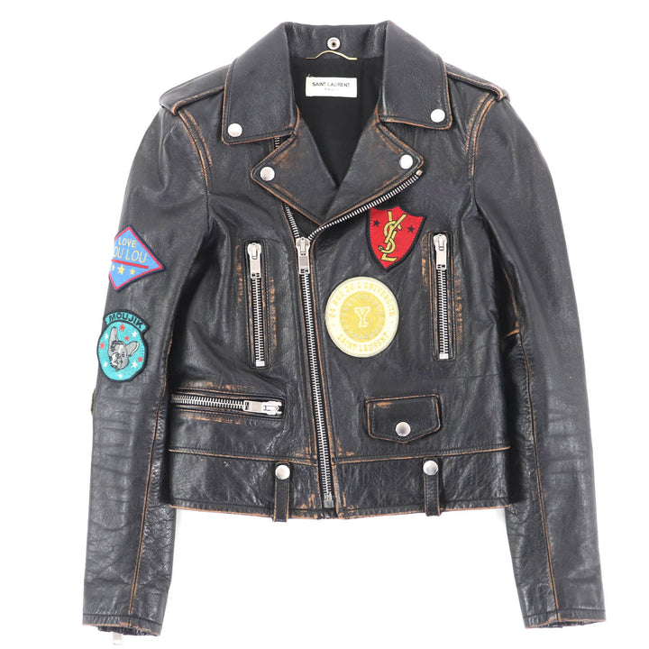 美品◇SAINT LAURENT PARIS サンローランパリ 483854 ワッペン ヴィンテージ加工 カーフスキン レザーライダースジャケット 黒 34 正規品