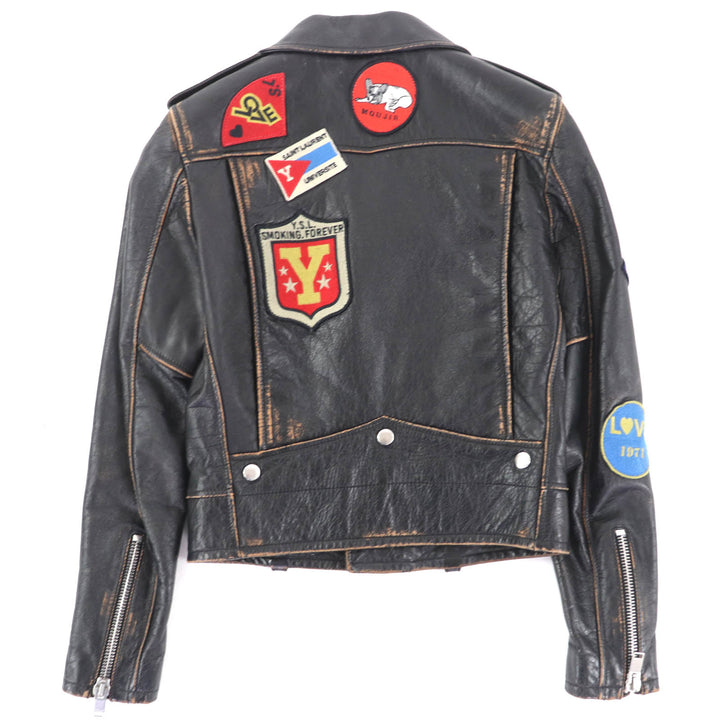 美品◇SAINT LAURENT PARIS サンローランパリ 483854 ワッペン ヴィンテージ加工 カーフスキン レザーライダースジャケット 黒 34 正規品