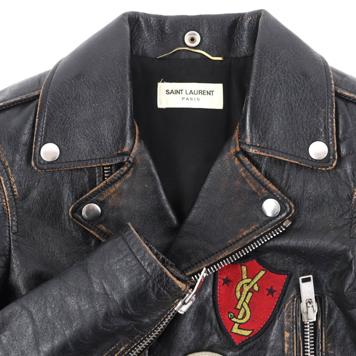 美品◇SAINT LAURENT PARIS サンローランパリ 483854 ワッペン ヴィンテージ加工 カーフスキン レザーライダースジャケット 黒 34 正規品