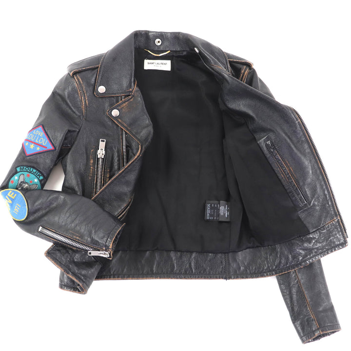 美品◇SAINT LAURENT PARIS サンローランパリ 483854 ワッペン ヴィンテージ加工 カーフスキン レザーライダースジャケット 黒 34 正規品