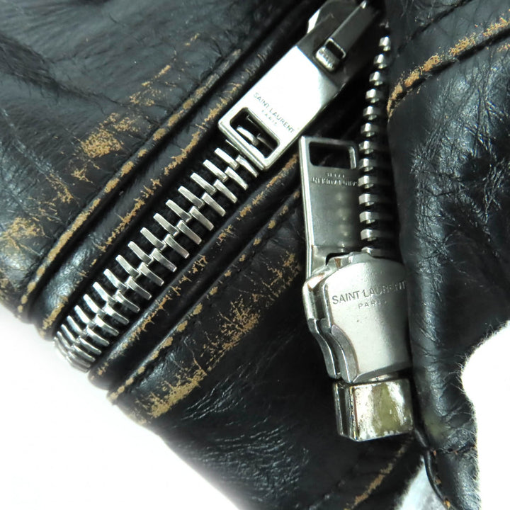 美品◇SAINT LAURENT PARIS サンローランパリ 483854 ワッペン ヴィンテージ加工 カーフスキン レザーライダースジャケット 黒 34 正規品
