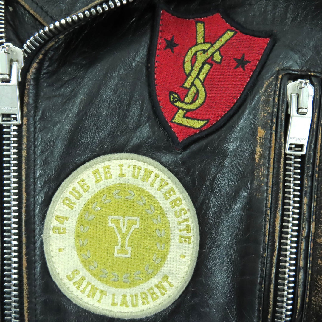 美品◇SAINT LAURENT PARIS サンローランパリ 483854 ワッペン ヴィンテージ加工 カーフスキン レザーライダースジャケット 黒 34 正規品