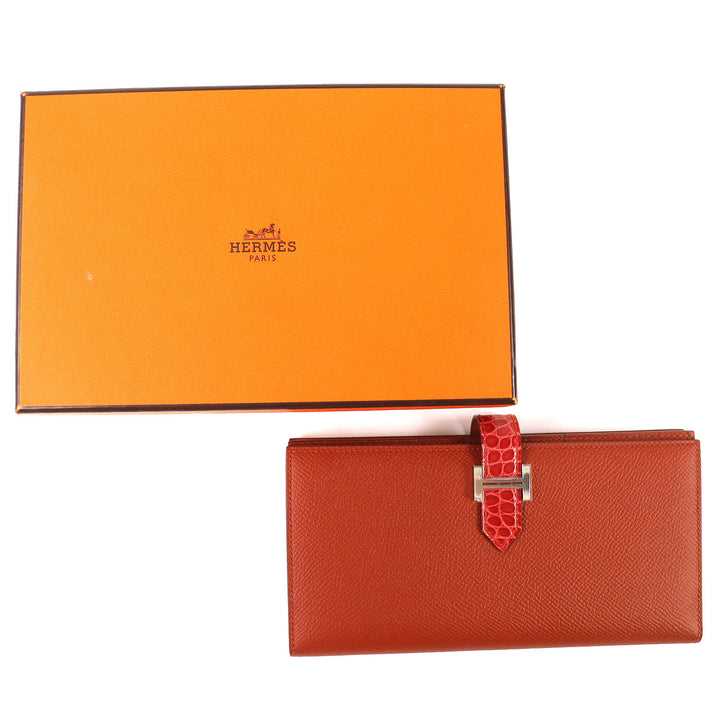 未使用品△HERMES エルメス ベアンスフレタッチ ヴォーエプソン アリゲーター ブリック サンギーヌ シルバー金具 長財布 U刻印 箱付 仏製