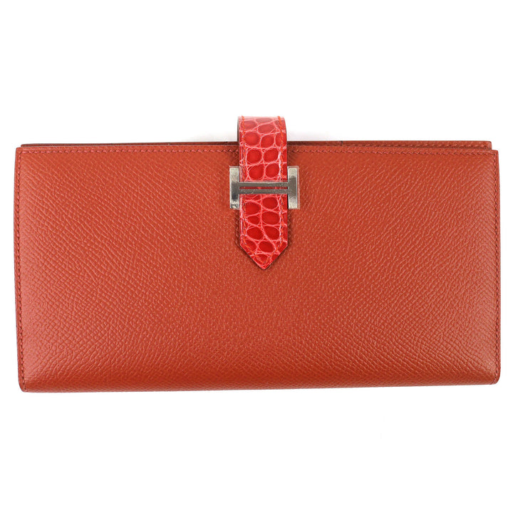 未使用品△HERMES エルメス ベアンスフレタッチ ヴォーエプソン アリゲーター ブリック サンギーヌ シルバー金具 長財布 U刻印 箱付 仏製
