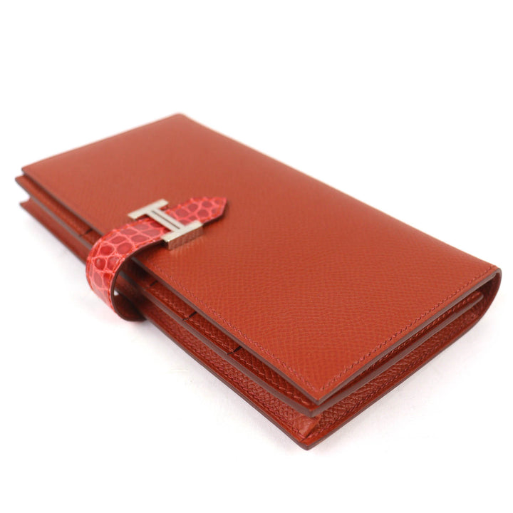 未使用品△HERMES エルメス ベアンスフレタッチ ヴォーエプソン アリゲーター ブリック サンギーヌ シルバー金具 長財布 U刻印 箱付 仏製