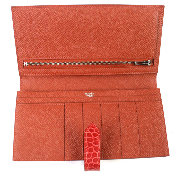 未使用品△HERMES エルメス ベアンスフレタッチ ヴォーエプソン アリゲーター ブリック サンギーヌ シルバー金具 長財布 U刻印 箱付 仏製