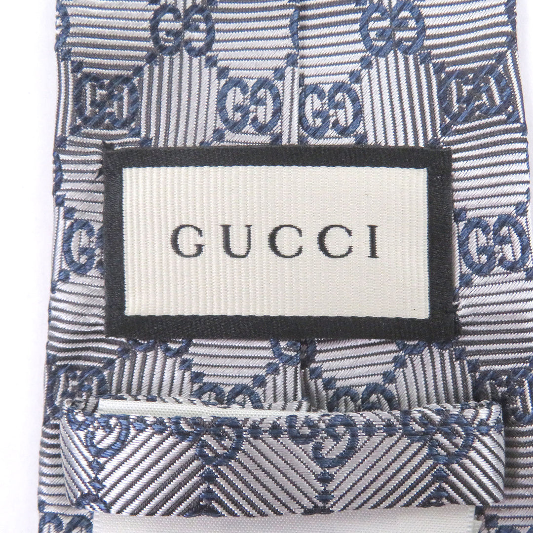 極美品□GUCCI グッチ シルク100％ GGロゴ総柄 ネクタイ レギュラータイ シルバー ネイビー イタリア製 正規品 メンズオススメ◎
