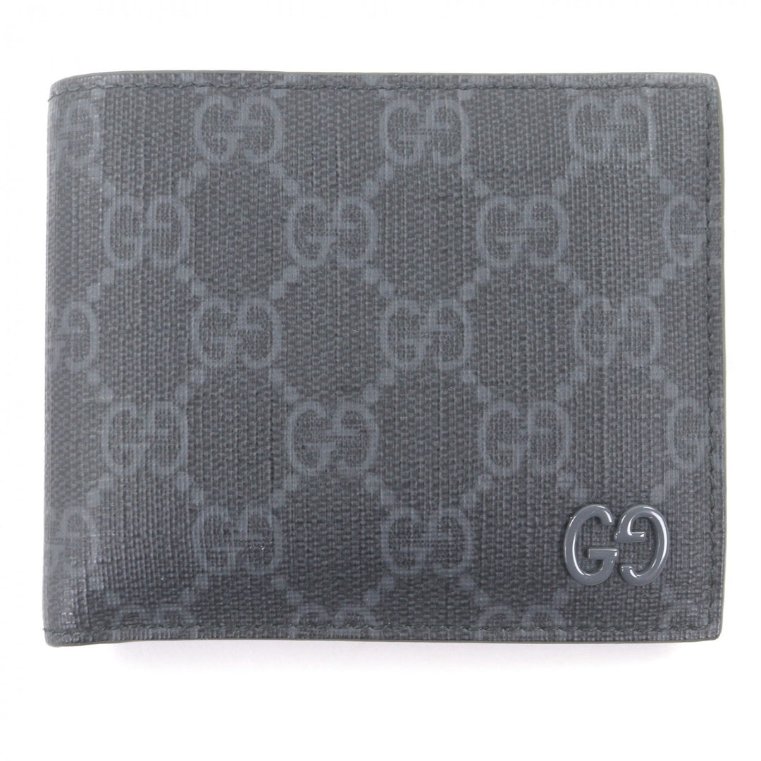美品□GUCCI グッチ 768243 レザー GGスプリームキャンバス ダブルG金具 二つ折り財布 グレー カーキ 箱・保存袋付き イタリア製 メンズ