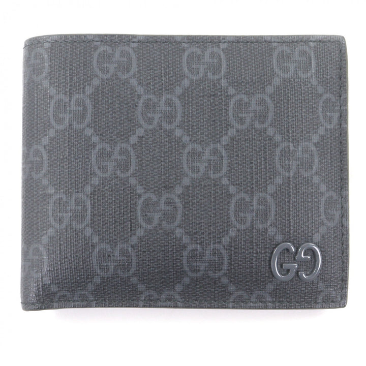 美品□GUCCI グッチ 768243 レザー GGスプリームキャンバス ダブルG金具 二つ折り財布 グレー カーキ 箱・保存袋付き イタリア製 メンズ