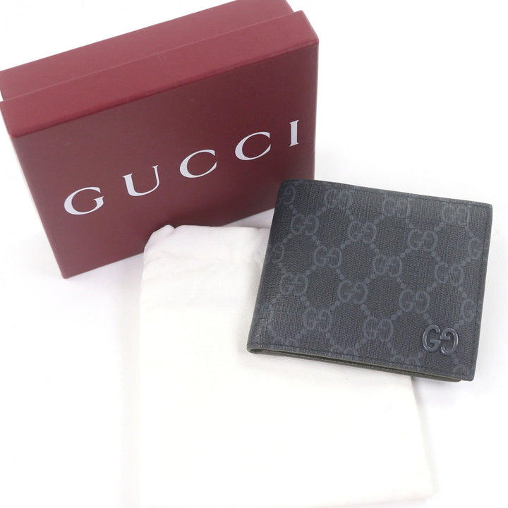 美品□GUCCI グッチ 768243 レザー GGスプリームキャンバス ダブルG金具 二つ折り財布 グレー カーキ 箱・保存袋付き イタリア製 メンズ