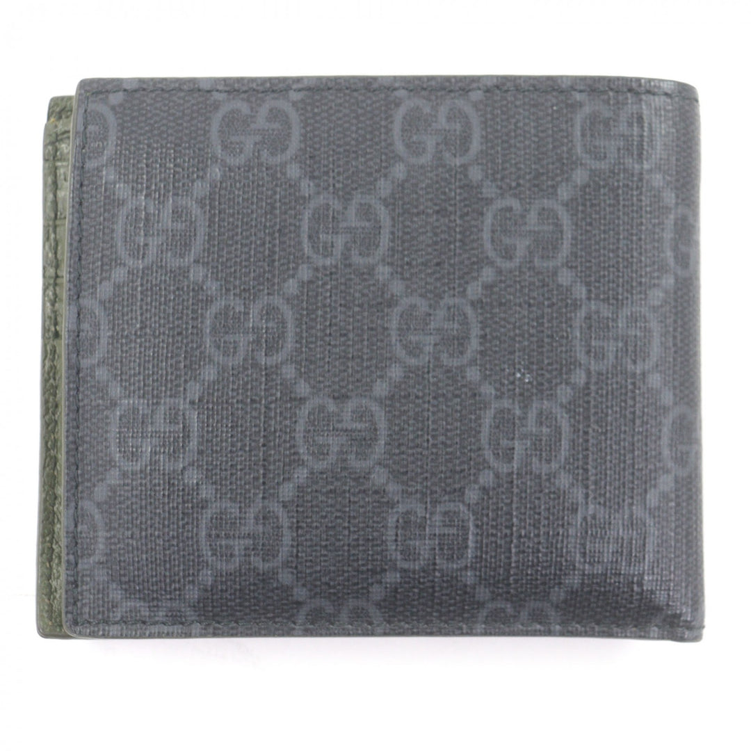 美品□GUCCI グッチ 768243 レザー GGスプリームキャンバス ダブルG金具 二つ折り財布 グレー カーキ 箱・保存袋付き イタリア製 メンズ