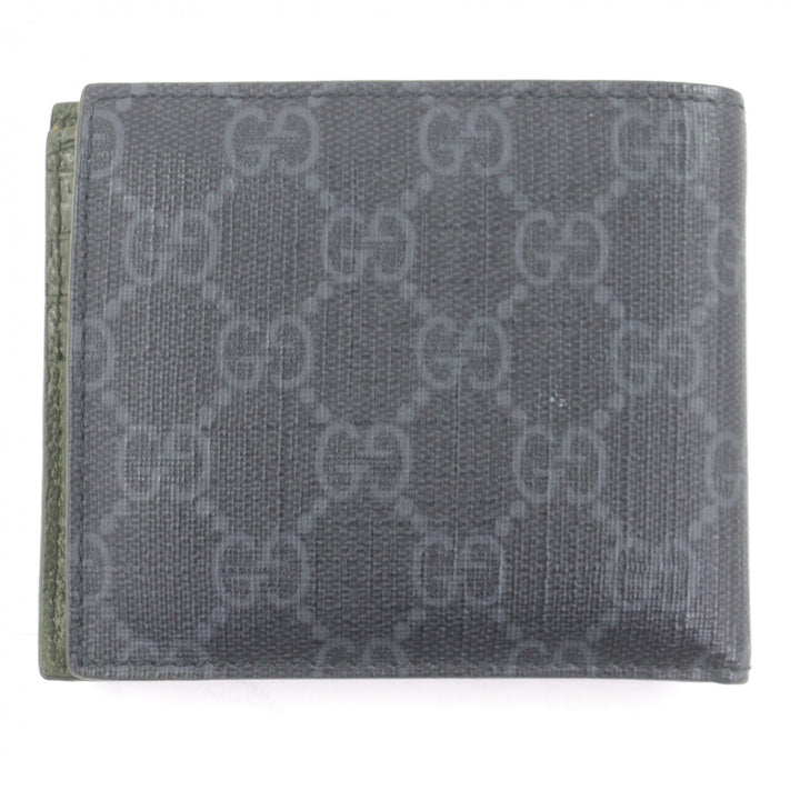 美品□GUCCI グッチ 768243 レザー GGスプリームキャンバス ダブルG金具 二つ折り財布 グレー カーキ 箱・保存袋付き イタリア製 メンズ