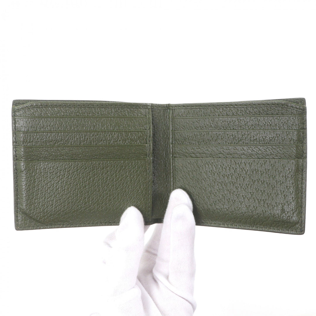 美品□GUCCI グッチ 768243 レザー GGスプリームキャンバス ダブルG金具 二つ折り財布 グレー カーキ 箱・保存袋付き イタリア製 メンズ
