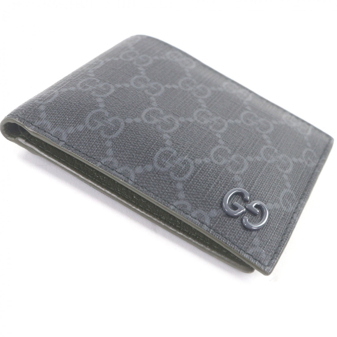 美品□GUCCI グッチ 768243 レザー GGスプリームキャンバス ダブルG金具 二つ折り財布 グレー カーキ 箱・保存袋付き イタリア製 メンズ