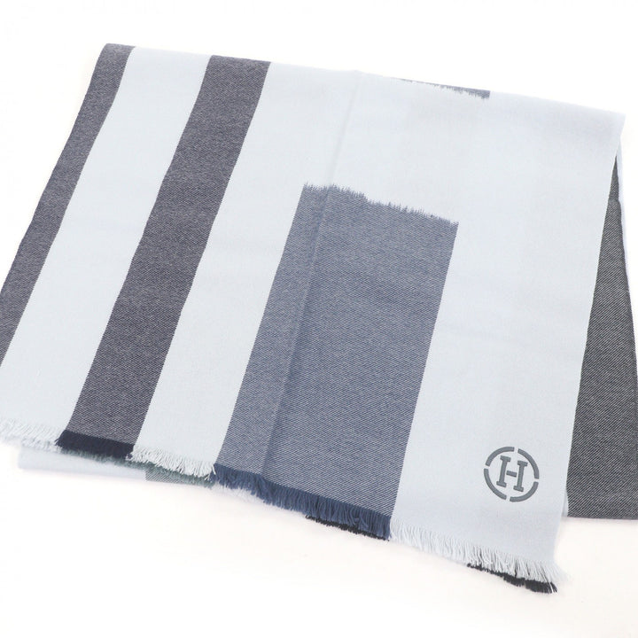 極美品□HERMES エルメス H394832T イカット 4H カシミヤ100％ レザーHロゴパッチ 大判マフラー グラシエ マリン オセアン 定価225500円