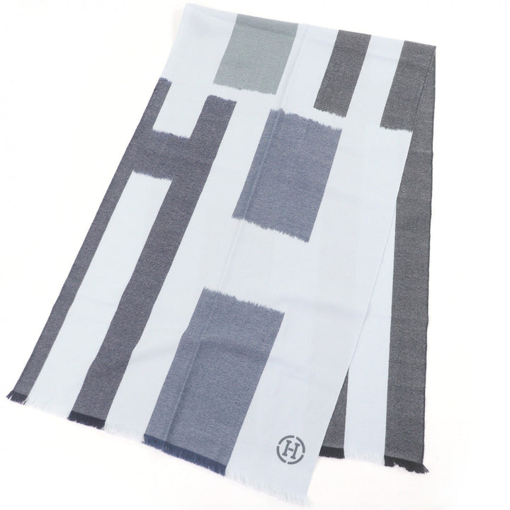 極美品□HERMES エルメス H394832T イカット 4H カシミヤ100％ レザーHロゴパッチ 大判マフラー グラシエ マリン オセアン 定価225500円