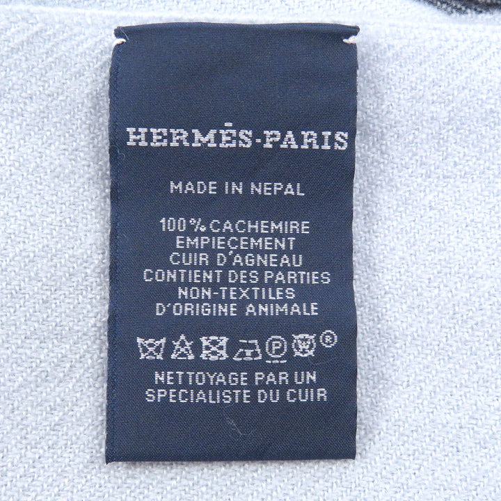 極美品□HERMES エルメス H394832T イカット 4H カシミヤ100％ レザーHロゴパッチ 大判マフラー グラシエ マリン オセアン 定価225500円